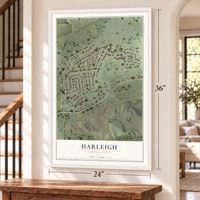 Harleigh, Pennsylvania map, 24 x 36 inch print in a white frame by a staircase