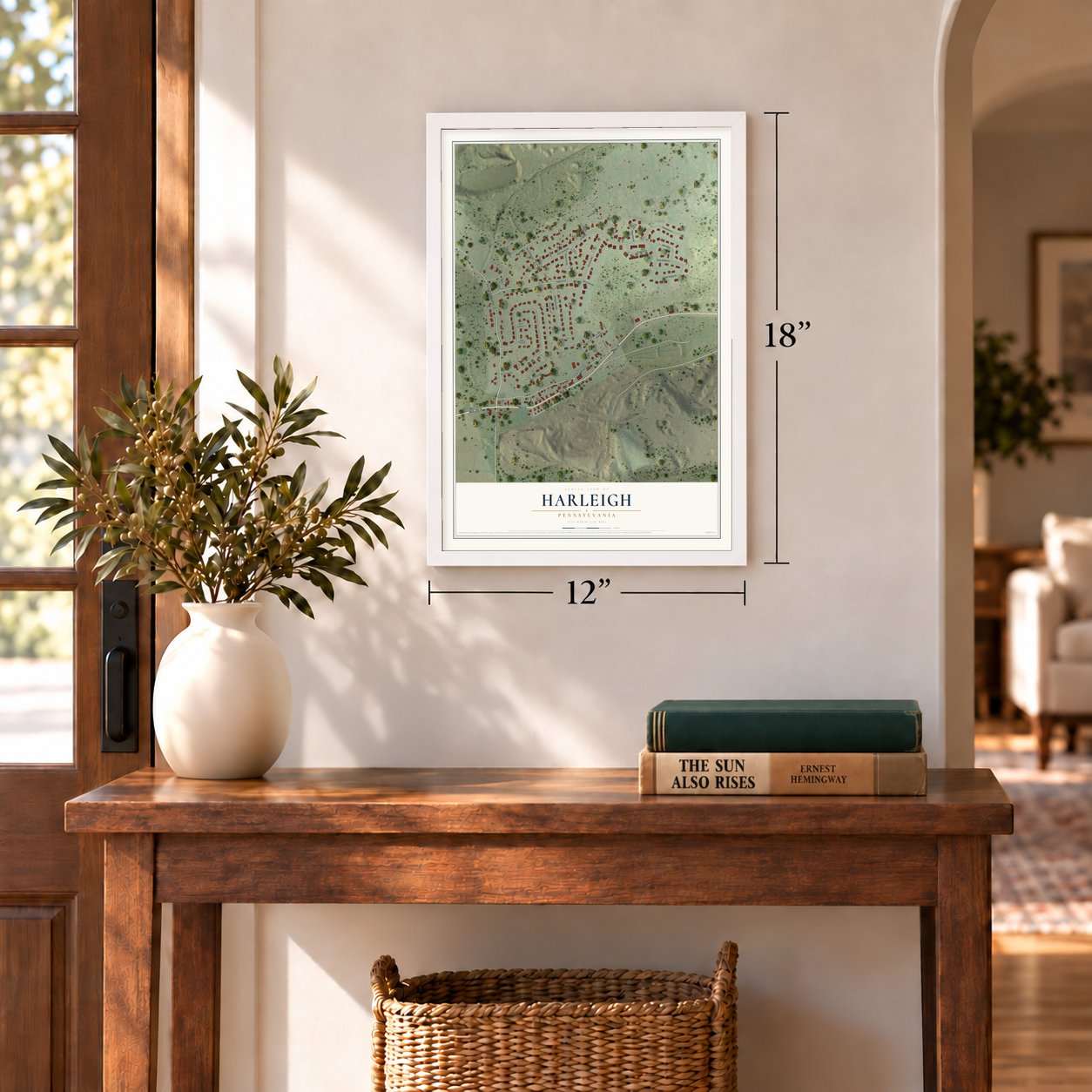 Harleigh, Pennsylvania map, 12 x 18 inch print in a white frame in an entryway