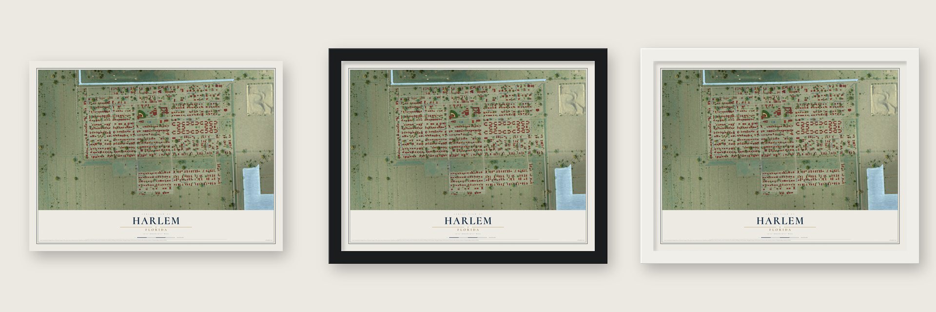 Harlem, Florida map unframed, in a black wood frame and in a white wood frame