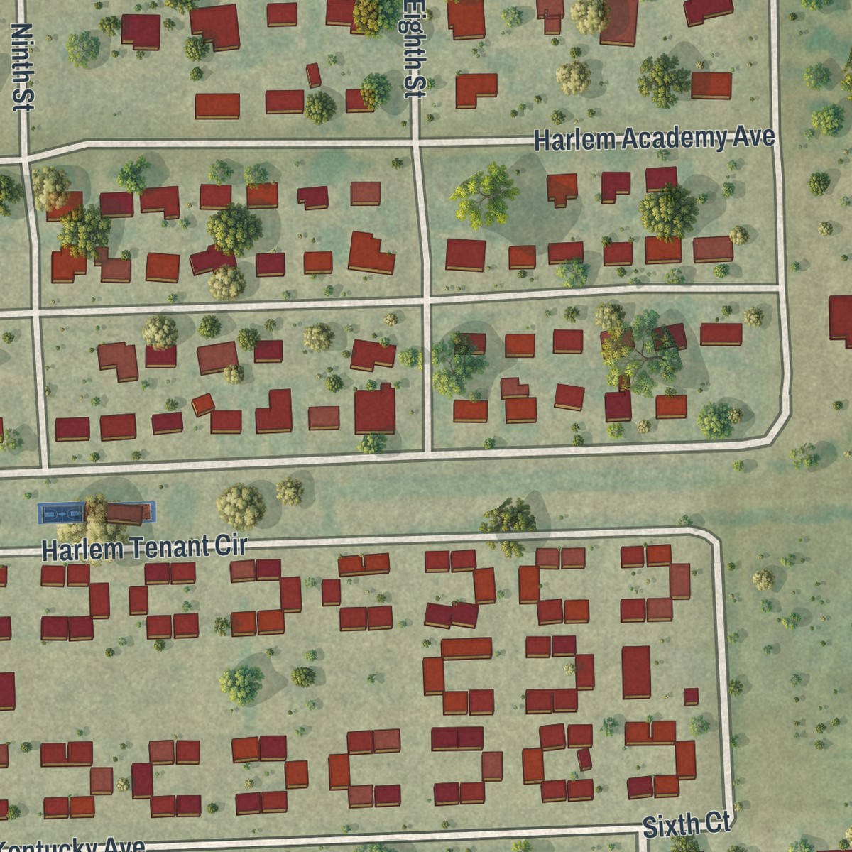 Second close-up of the map of Harlem, Florida print showing more streets and buildings