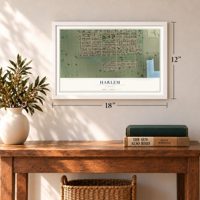 Harlem, Florida map, 12 x 18 inch print in a white frame in an entryway