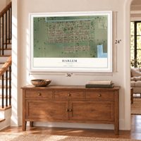 Harlem, Florida map, 24 x 36 inch print in a white frame above a dresser by a staircase