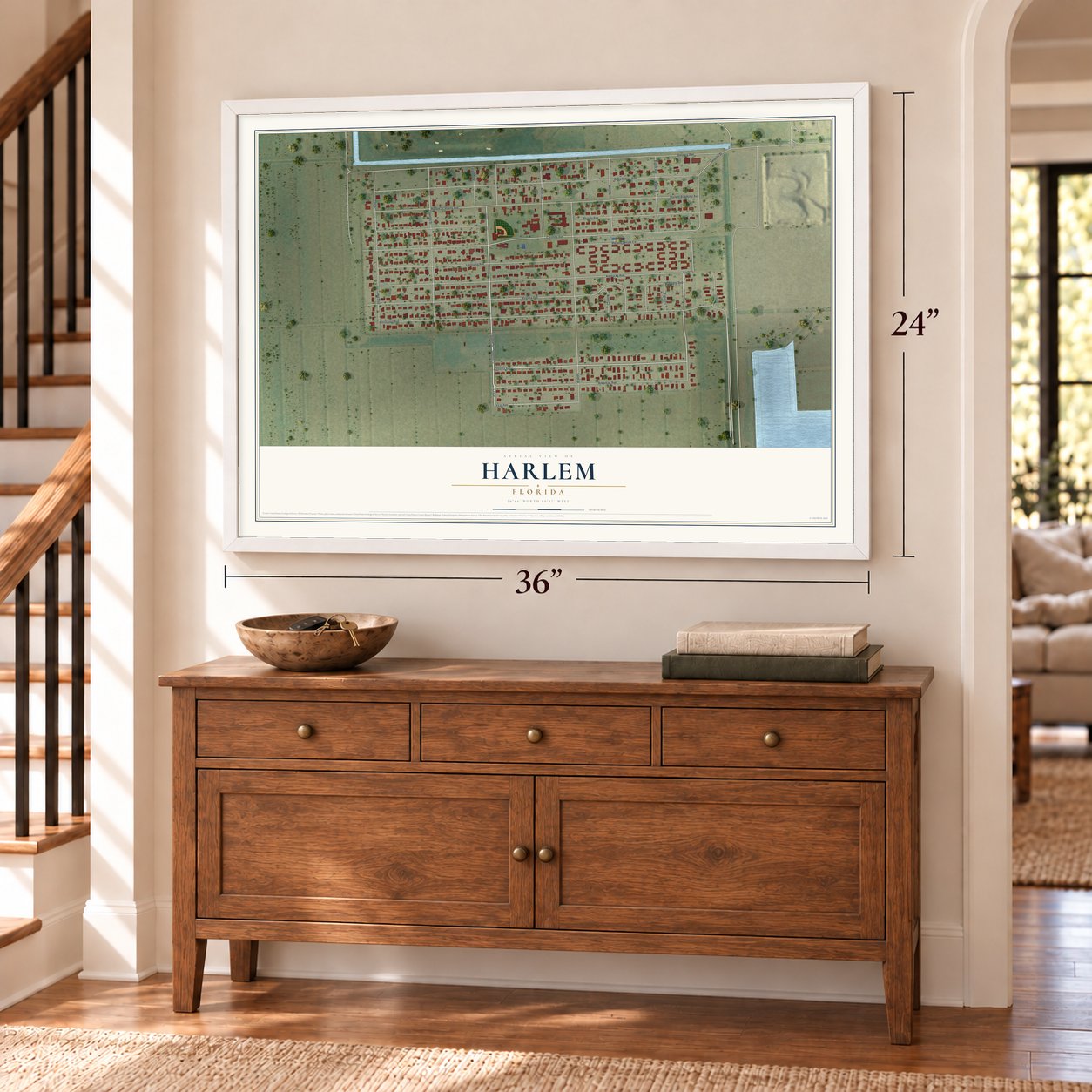 Harlem, Florida map, 24 x 36 inch print in a white frame above a dresser by a staircase
