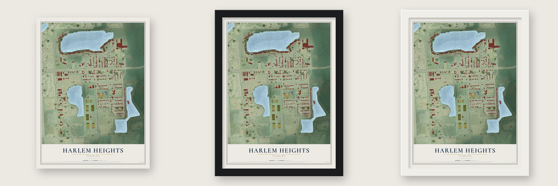 Harlem Heights, Florida map unframed, in a black wood frame and in a white wood frame