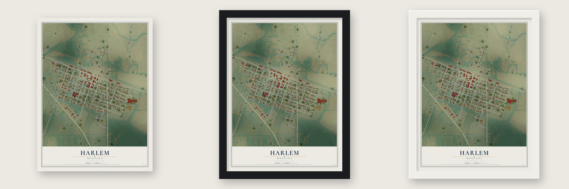 Harlem, Montana map unframed, in a black wood frame and in a white wood frame