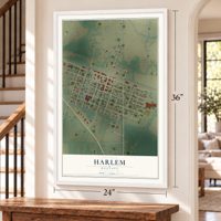 Harlem, Montana map, 24 x 36 inch print in a white frame by a staircase