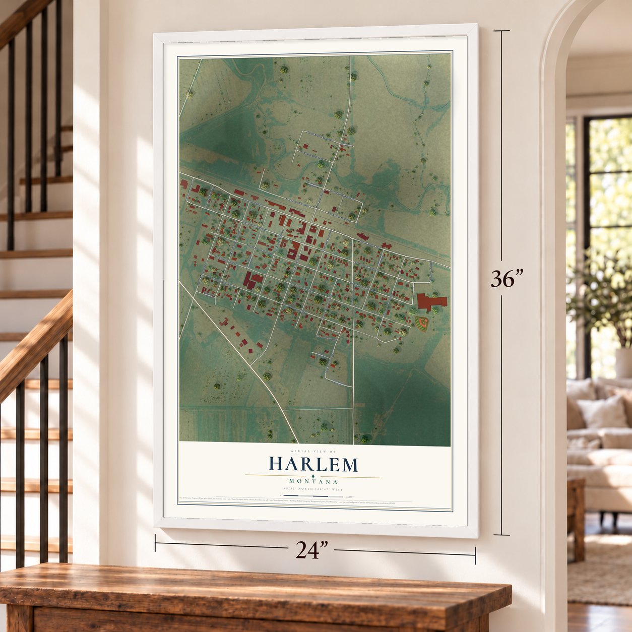 Harlem, Montana map, 24 x 36 inch print in a white frame by a staircase