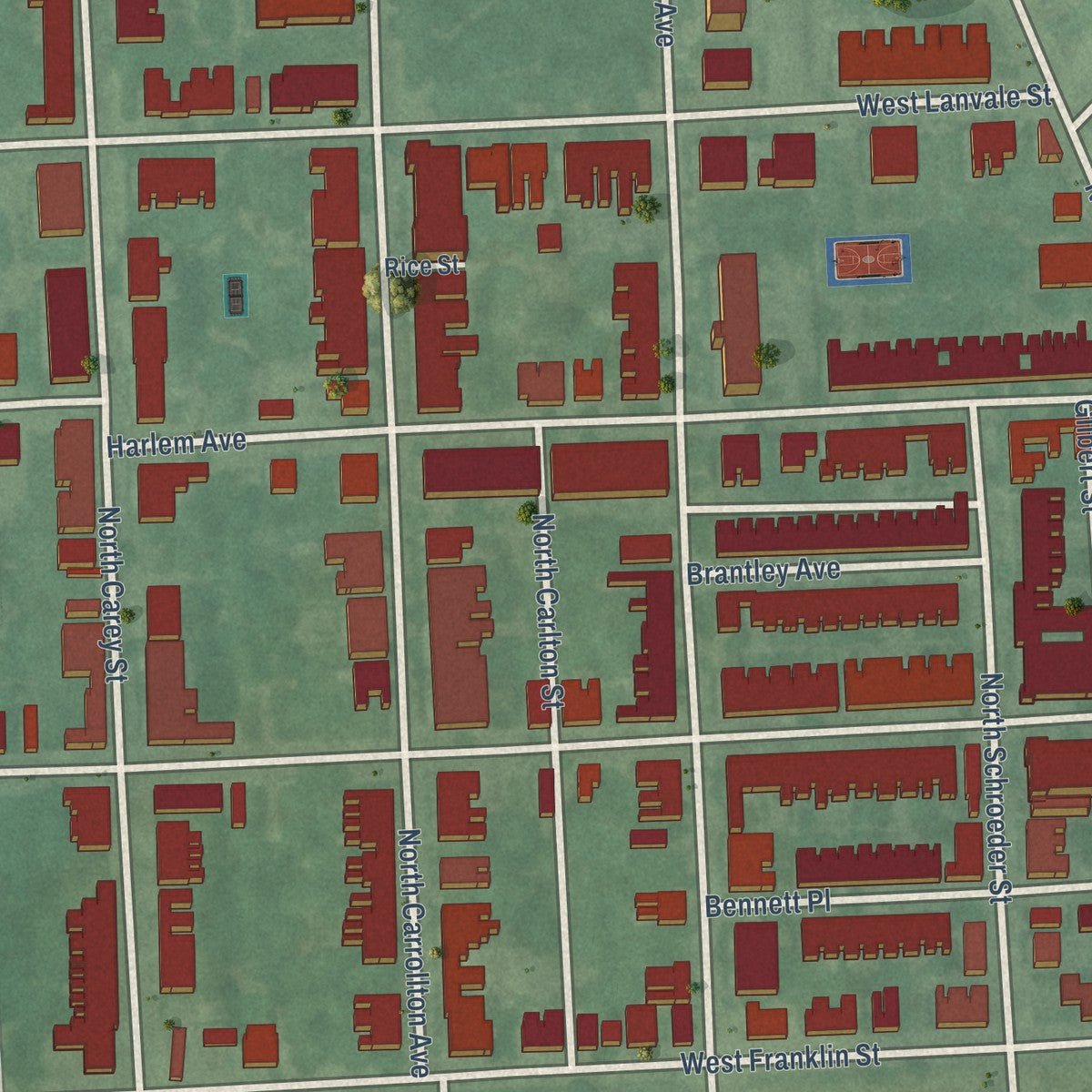 Second close-up of the map of Harlem Park, Maryland print showing more streets and buildings