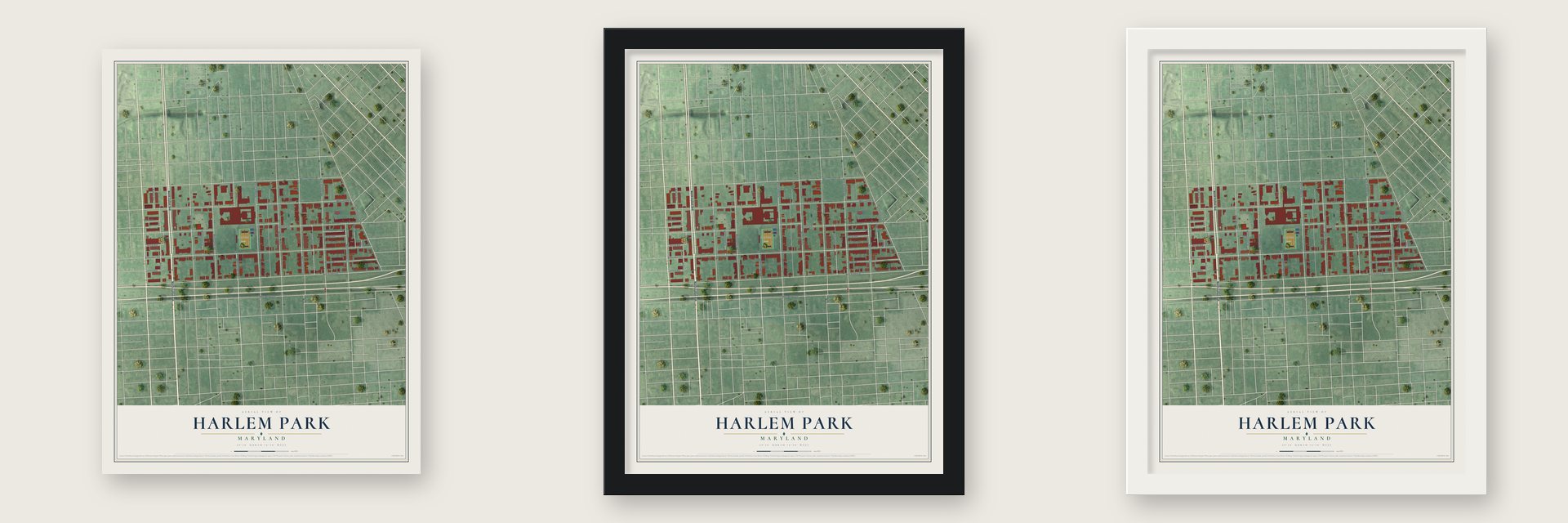 Harlem Park, Maryland map unframed, in a black wood frame and in a white wood frame