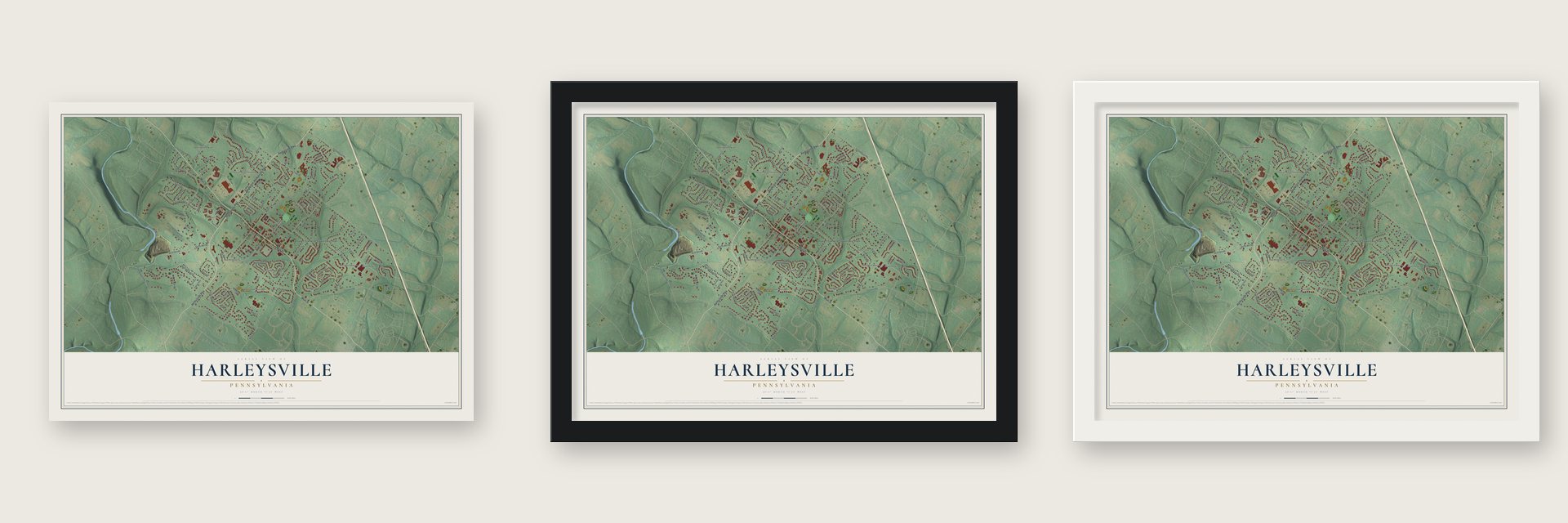 Harleysville, Pennsylvania map unframed, in a black wood frame and in a white wood frame