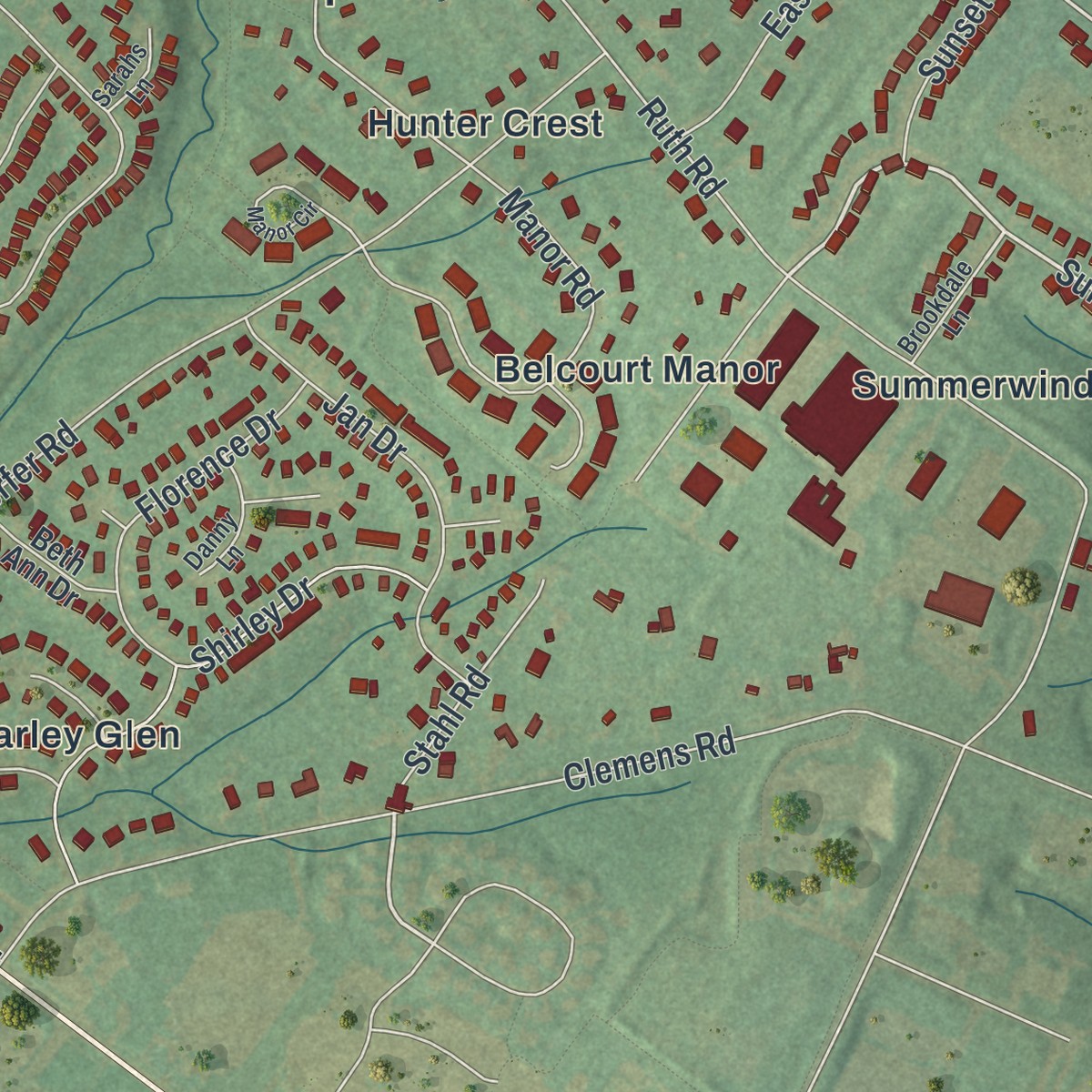 Second close-up of the map of Harleysville, Pennsylvania print showing more streets and buildings
