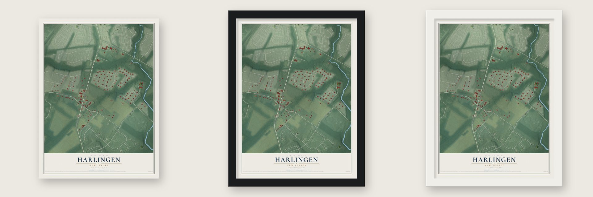 Harlingen, New Jersey map unframed, in a black wood frame and in a white wood frame