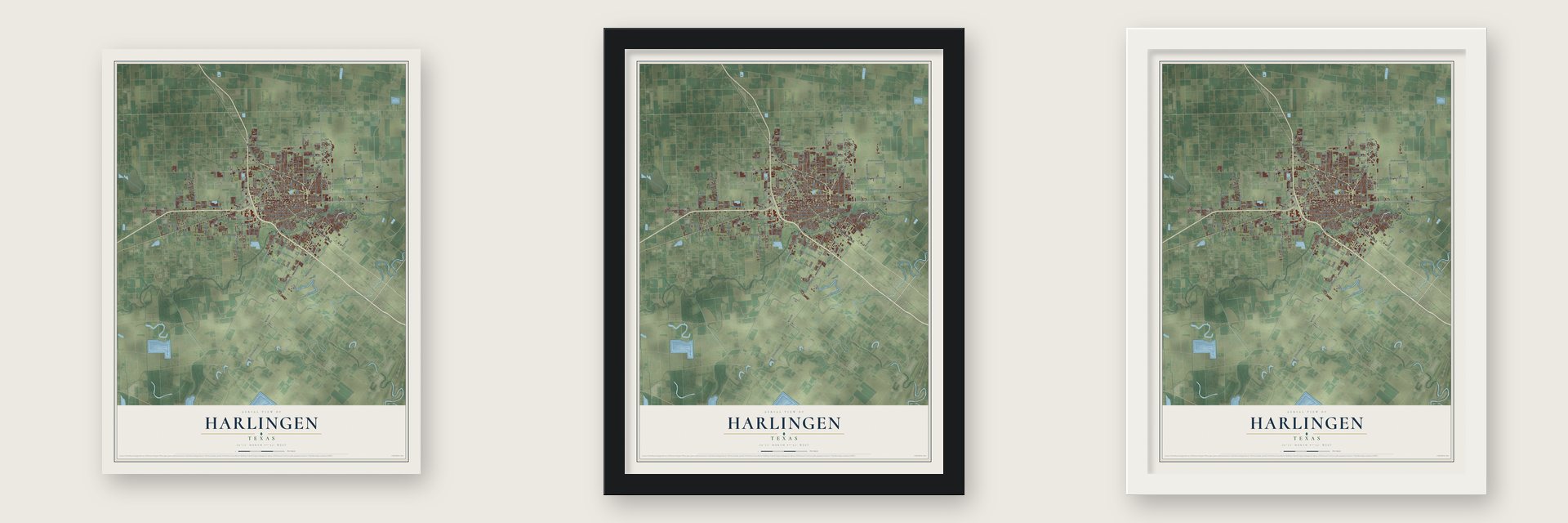 Harlingen, Texas map unframed, in a black wood frame and in a white wood frame