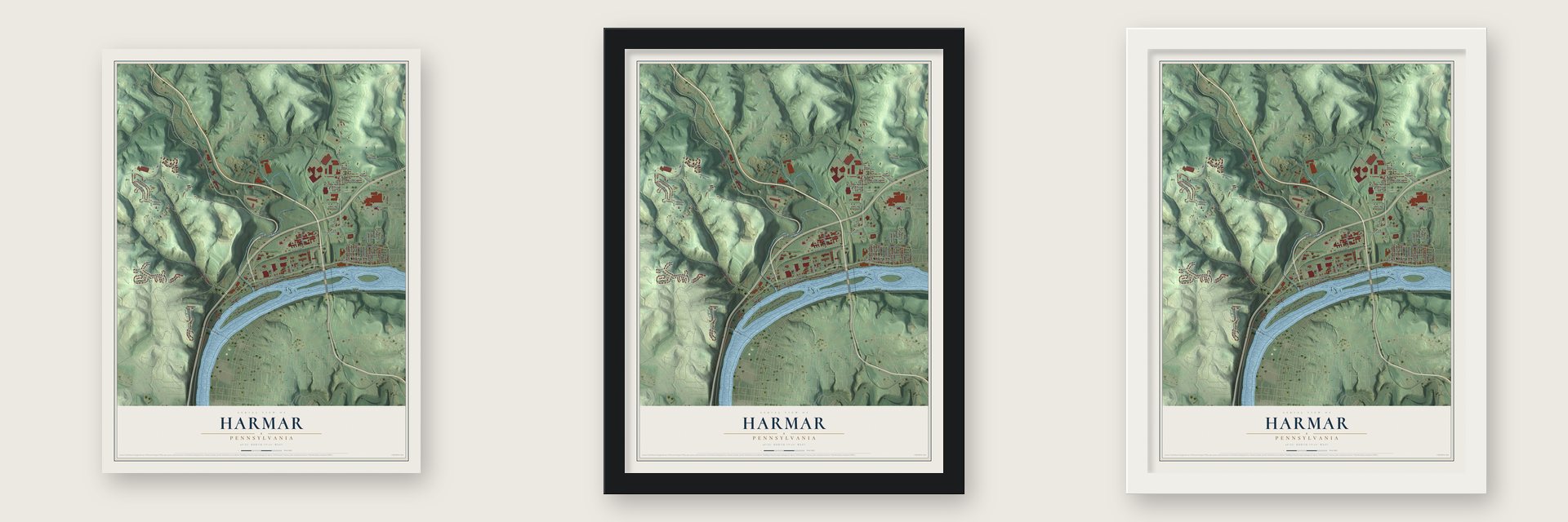 Harmar, Pennsylvania map unframed, in a black wood frame and in a white wood frame