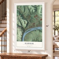 Harmar, Pennsylvania map, 24 x 36 inch print in a white frame by a staircase