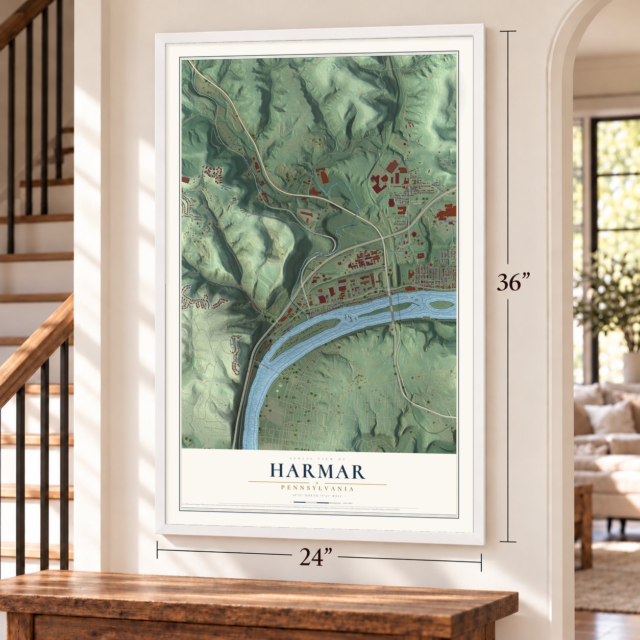 Harmar, Pennsylvania map, 24 x 36 inch print in a white frame by a staircase