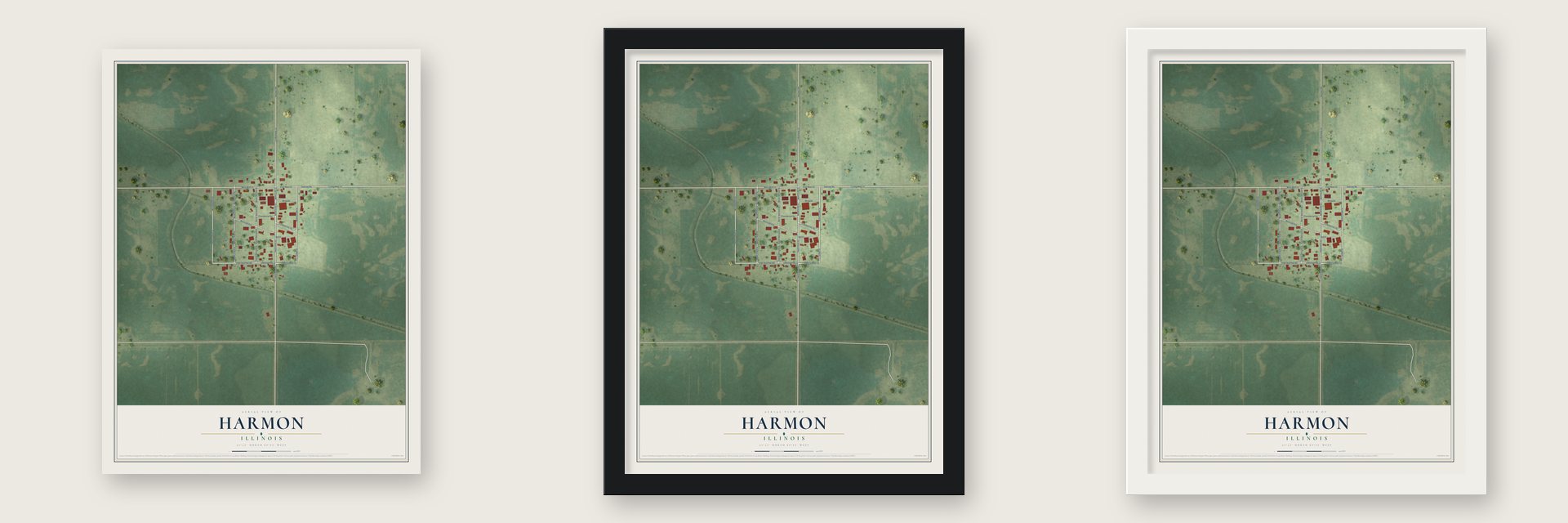 Harmon, Illinois map unframed, in a black wood frame and in a white wood frame