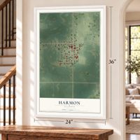 Harmon, Illinois map, 24 x 36 inch print in a white frame by a staircase