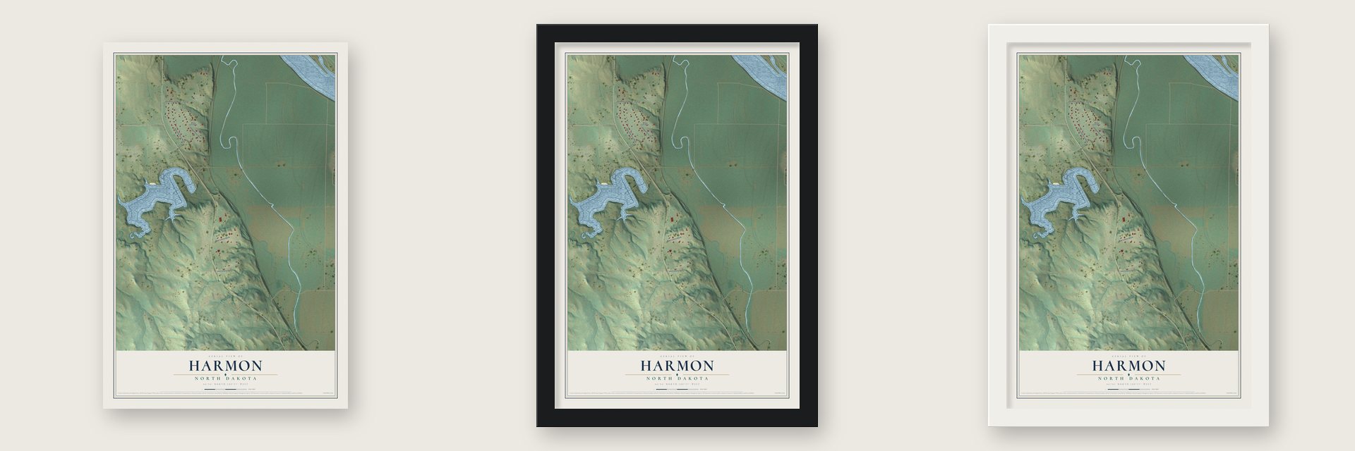 Harmon, North Dakota map unframed, in a black wood frame and in a white wood frame