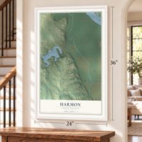 Harmon, North Dakota map, 24 x 36 inch print in a white frame by a staircase