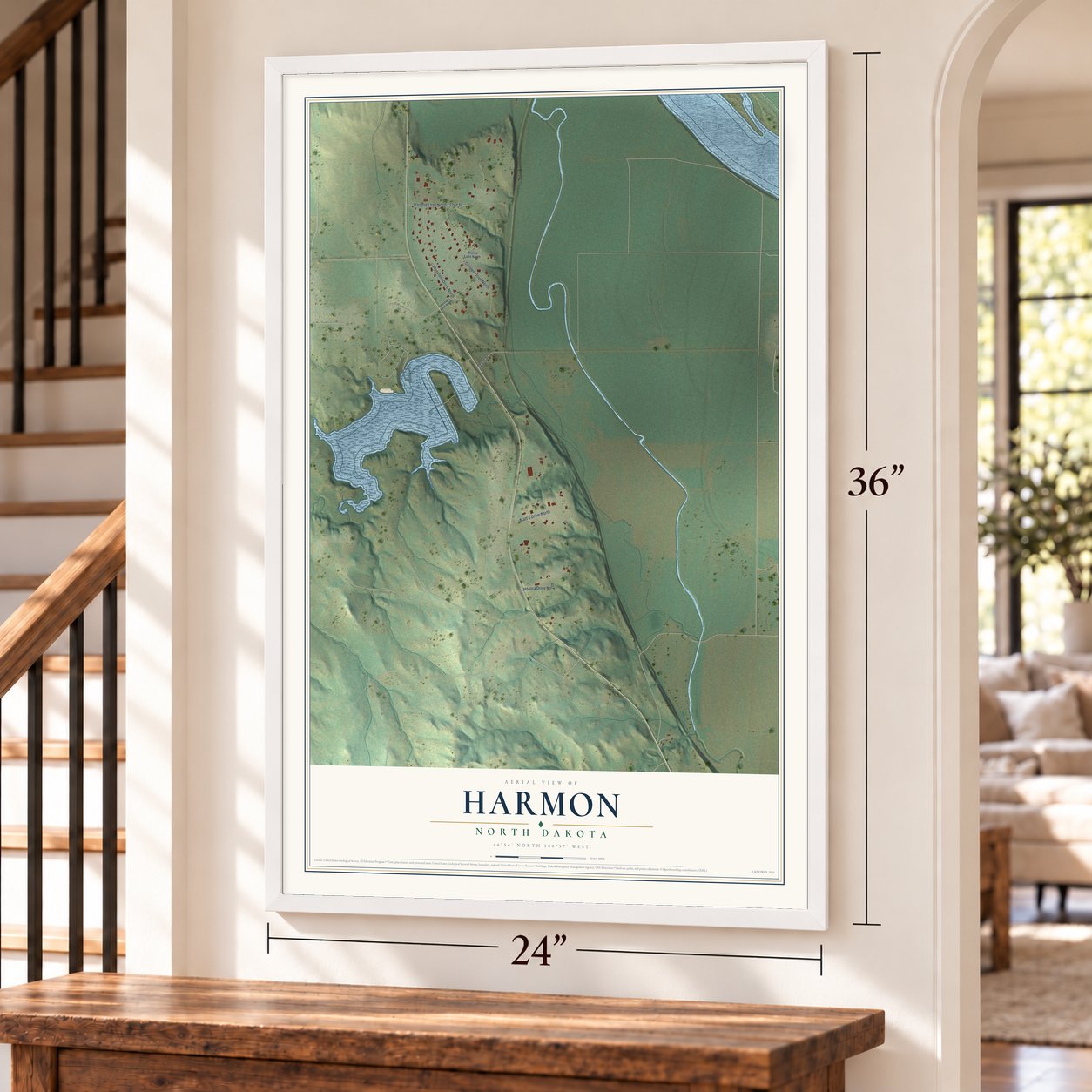 Harmon, North Dakota map, 24 x 36 inch print in a white frame by a staircase