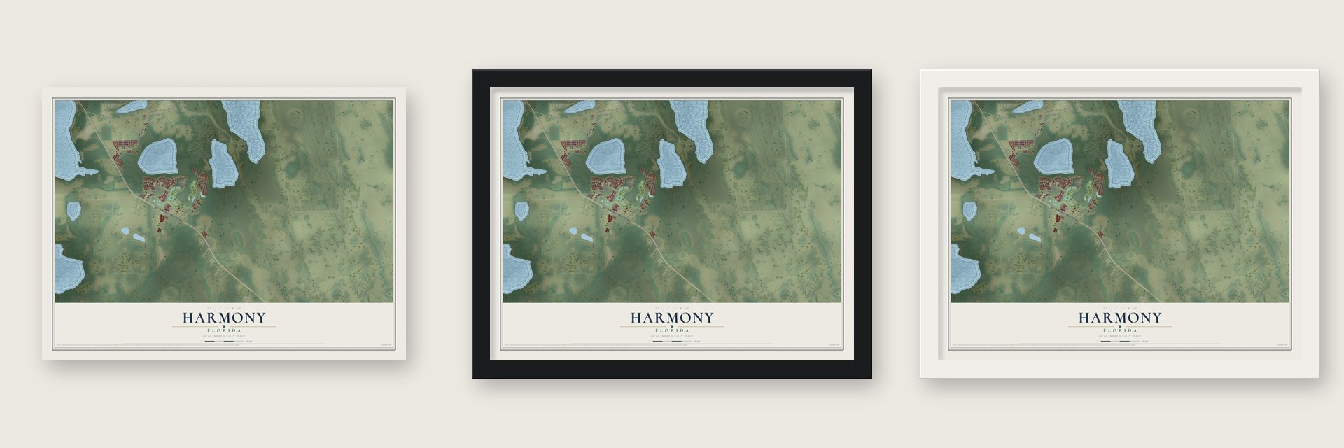 Harmony, Florida map unframed, in a black wood frame and in a white wood frame