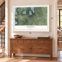 Harmony, Florida map, 24 x 36 inch print in a white frame above a dresser by a staircase