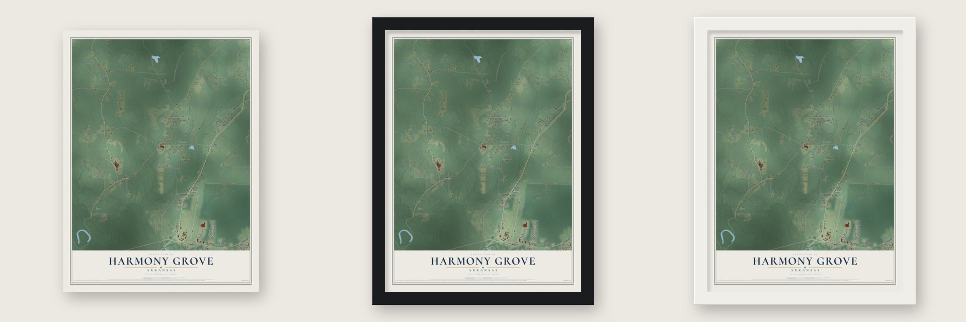 Harmony Grove, Arkansas map unframed, in a black wood frame and in a white wood frame