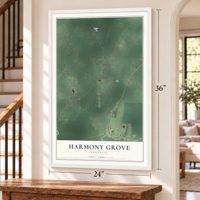 Harmony Grove, Arkansas map, 24 x 36 inch print in a white frame by a staircase