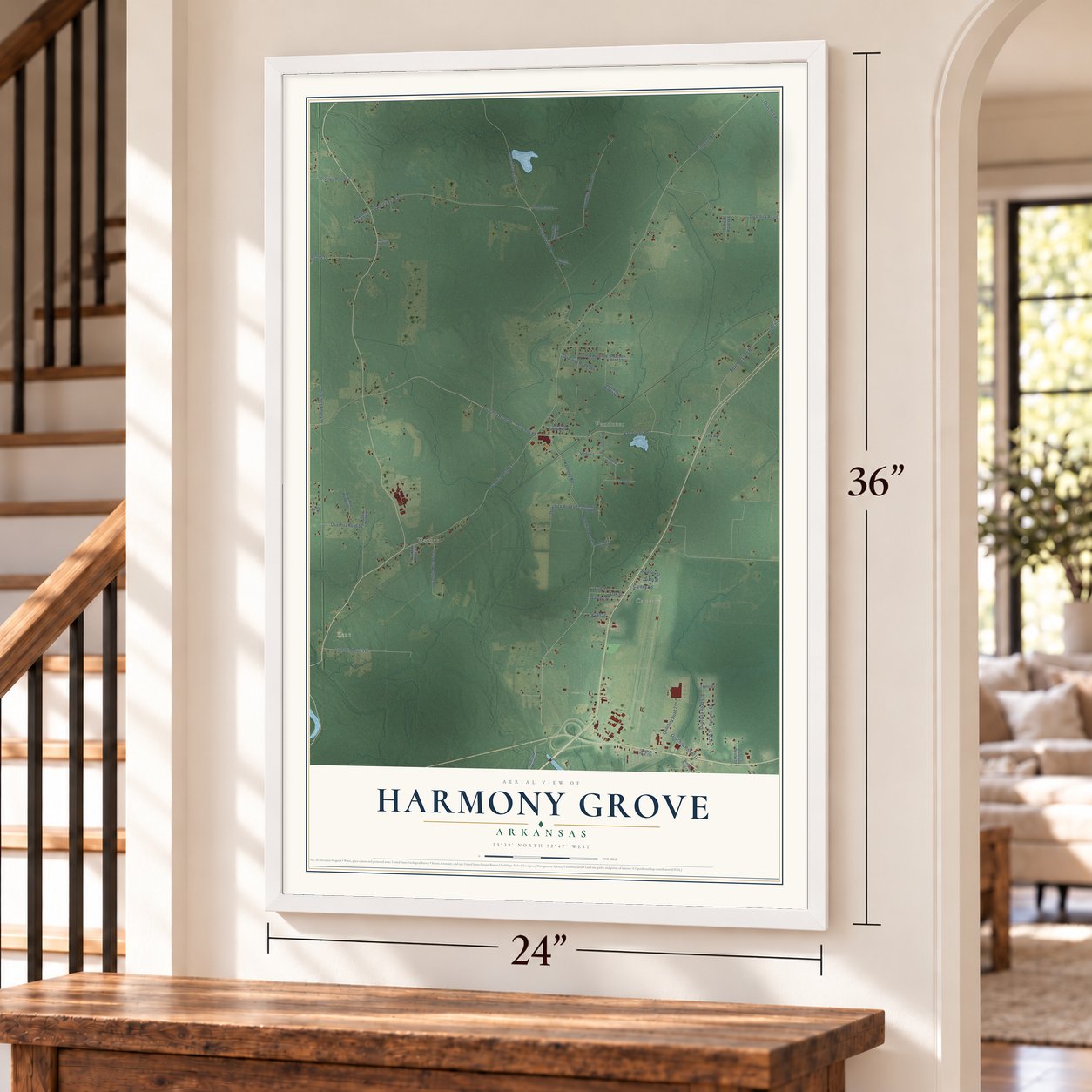 Harmony Grove, Arkansas map, 24 x 36 inch print in a white frame by a staircase