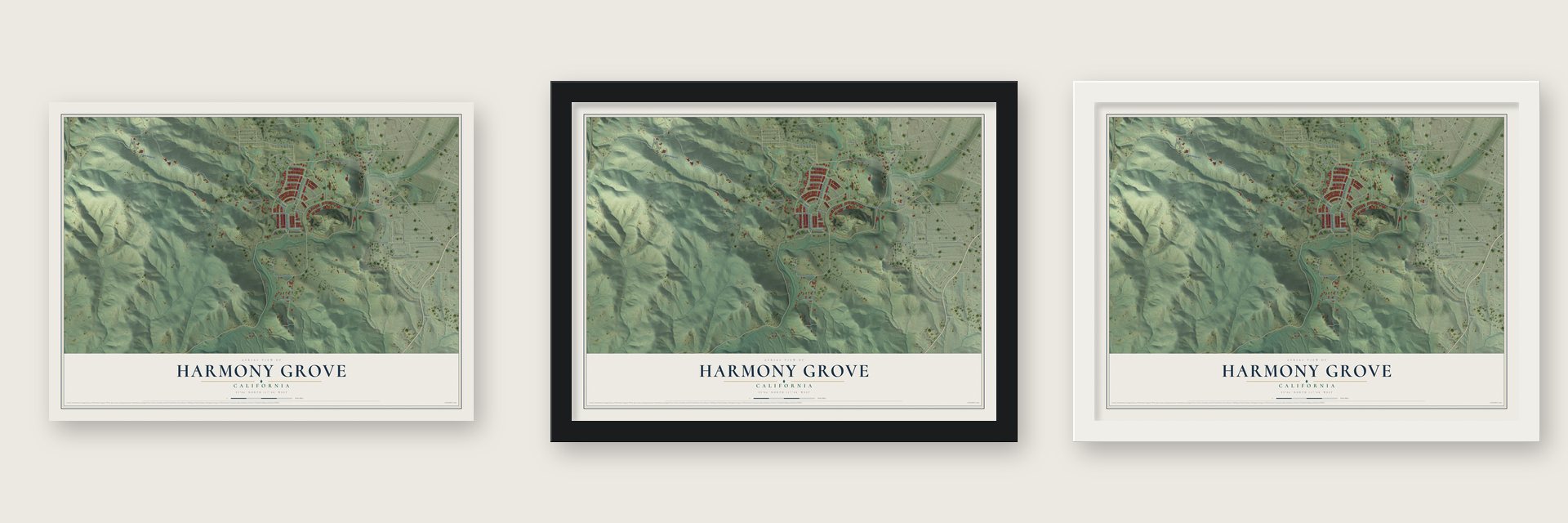 Harmony Grove, California map unframed, in a black wood frame and in a white wood frame