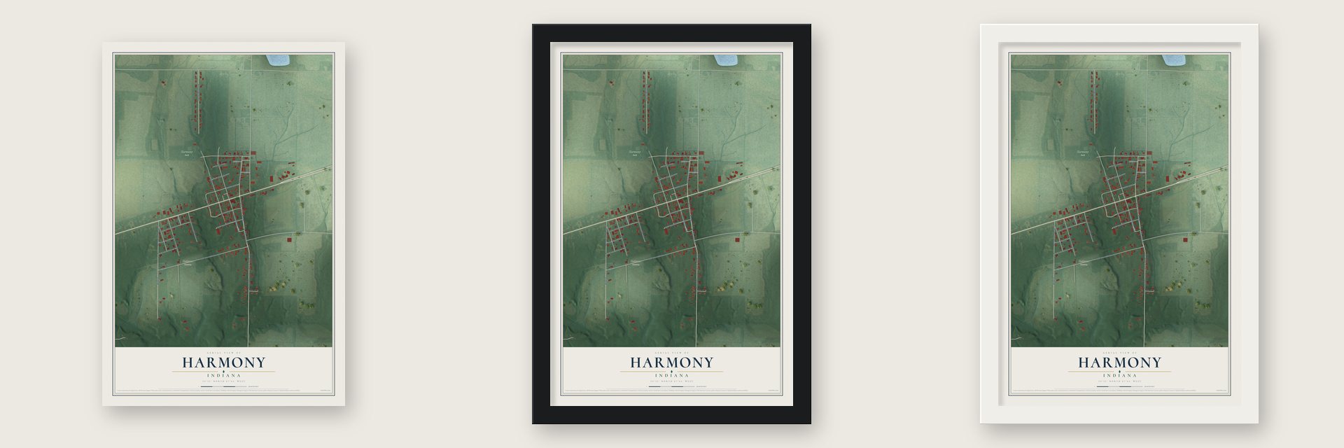 Harmony, Indiana map unframed, in a black wood frame and in a white wood frame