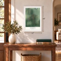 Harmony, Indiana map, 12 x 18 inch print in a white frame in an entryway