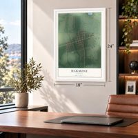 Harmony, Indiana map, 18 x 24 inch print in a white frame in a home office