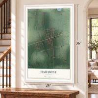 Harmony, Indiana map, 24 x 36 inch print in a white frame by a staircase