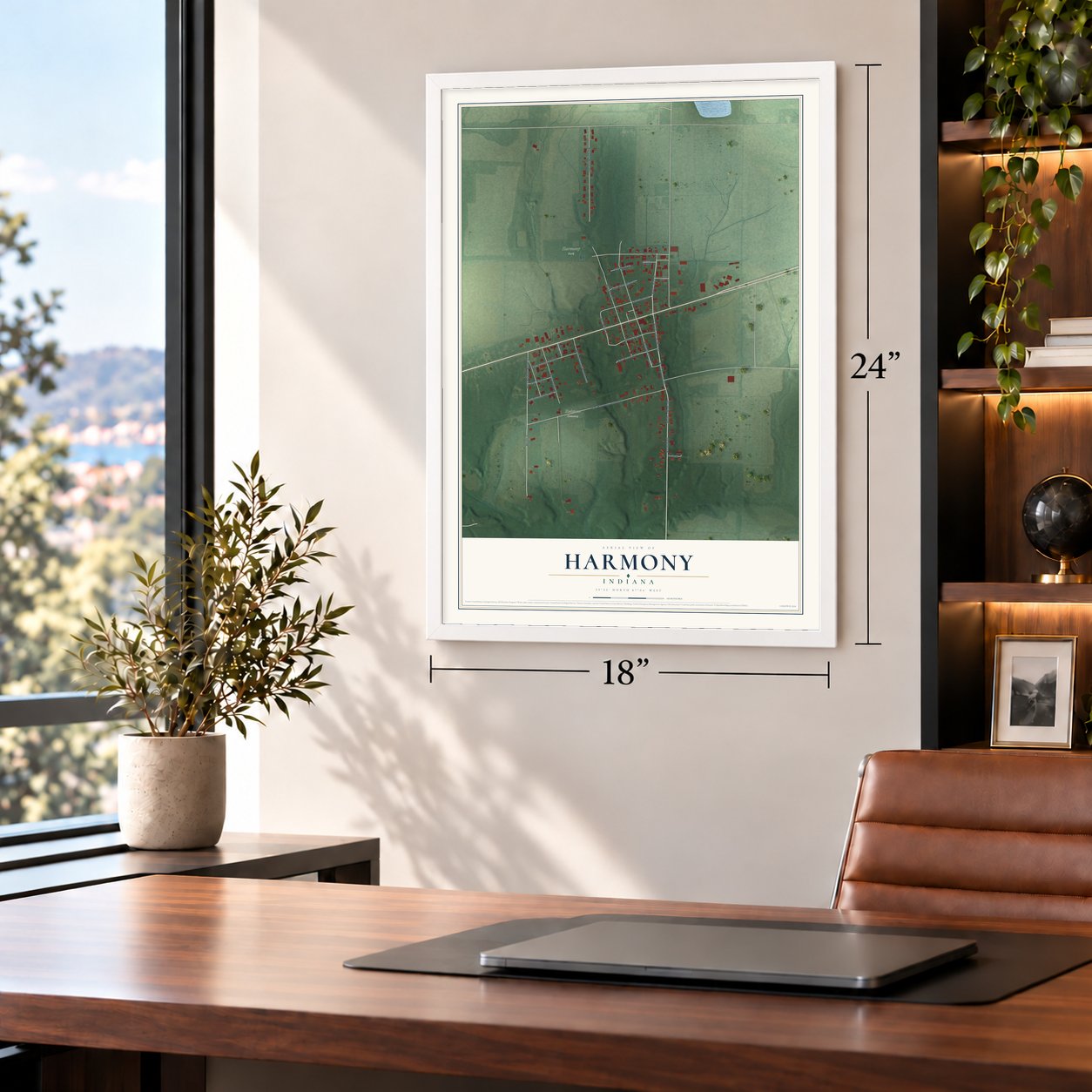 Harmony, Indiana map, 18 x 24 inch print in a white frame in a home office