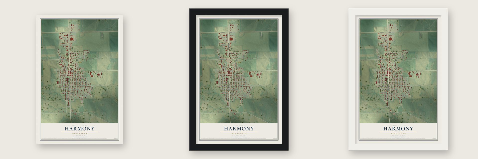 Harmony, Minnesota map unframed, in a black wood frame and in a white wood frame