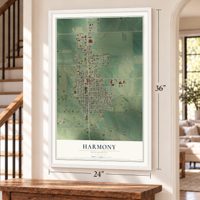 Harmony, Minnesota map, 24 x 36 inch print in a white frame by a staircase