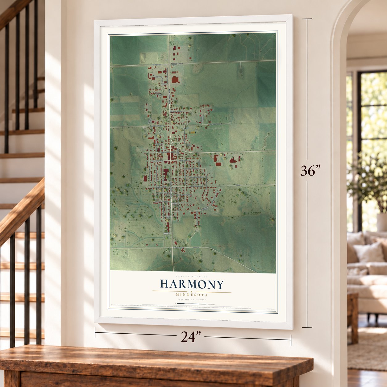 Harmony, Minnesota map, 24 x 36 inch print in a white frame by a staircase