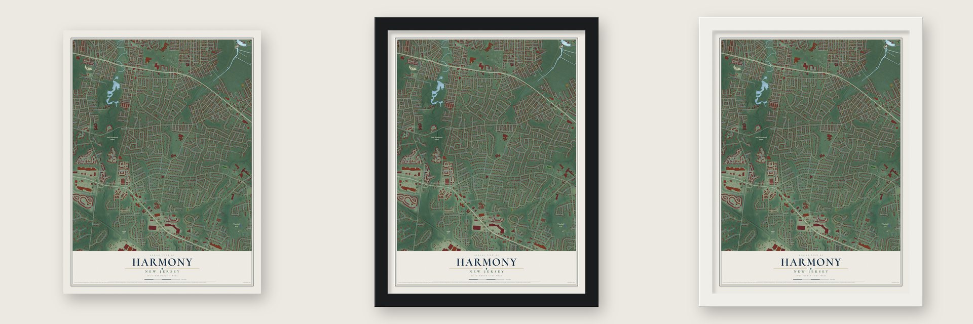 Harmony, Monmouth County, New Jersey map unframed, in a black wood frame and in a white wood frame