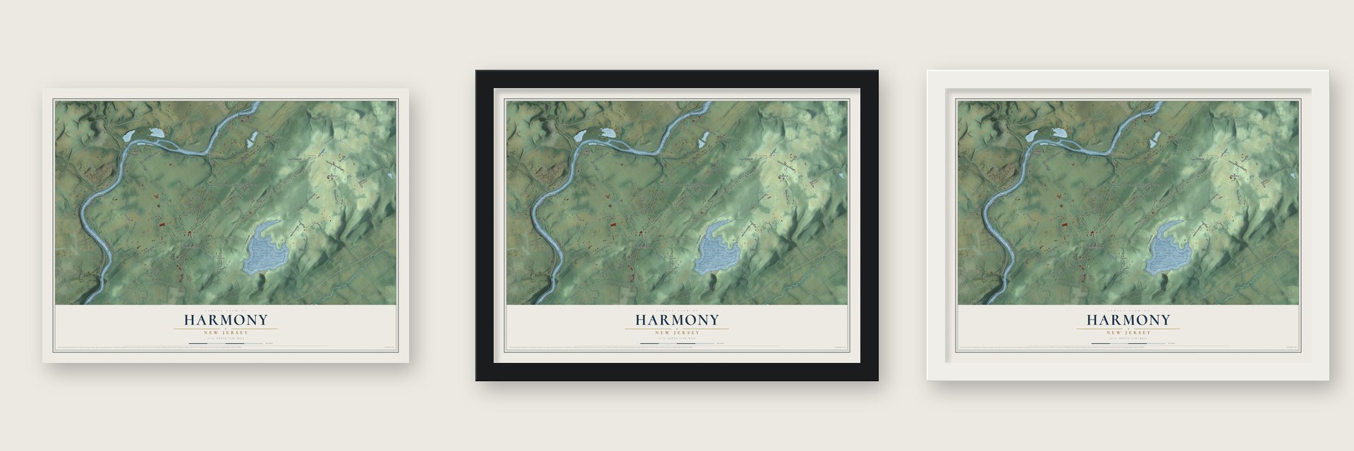 Harmony, New Jersey map unframed, in a black wood frame and in a white wood frame