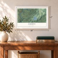 Harmony, New Jersey map, 12 x 18 inch print in a white frame in an entryway