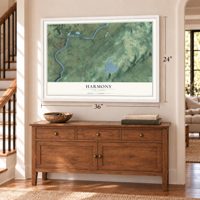 Harmony, New Jersey map, 24 x 36 inch print in a white frame above a dresser by a staircase