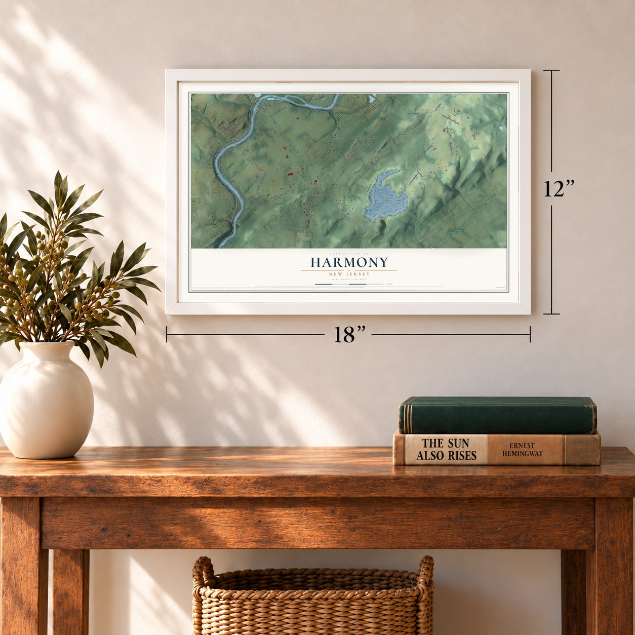 Harmony, New Jersey map, 12 x 18 inch print in a white frame in an entryway