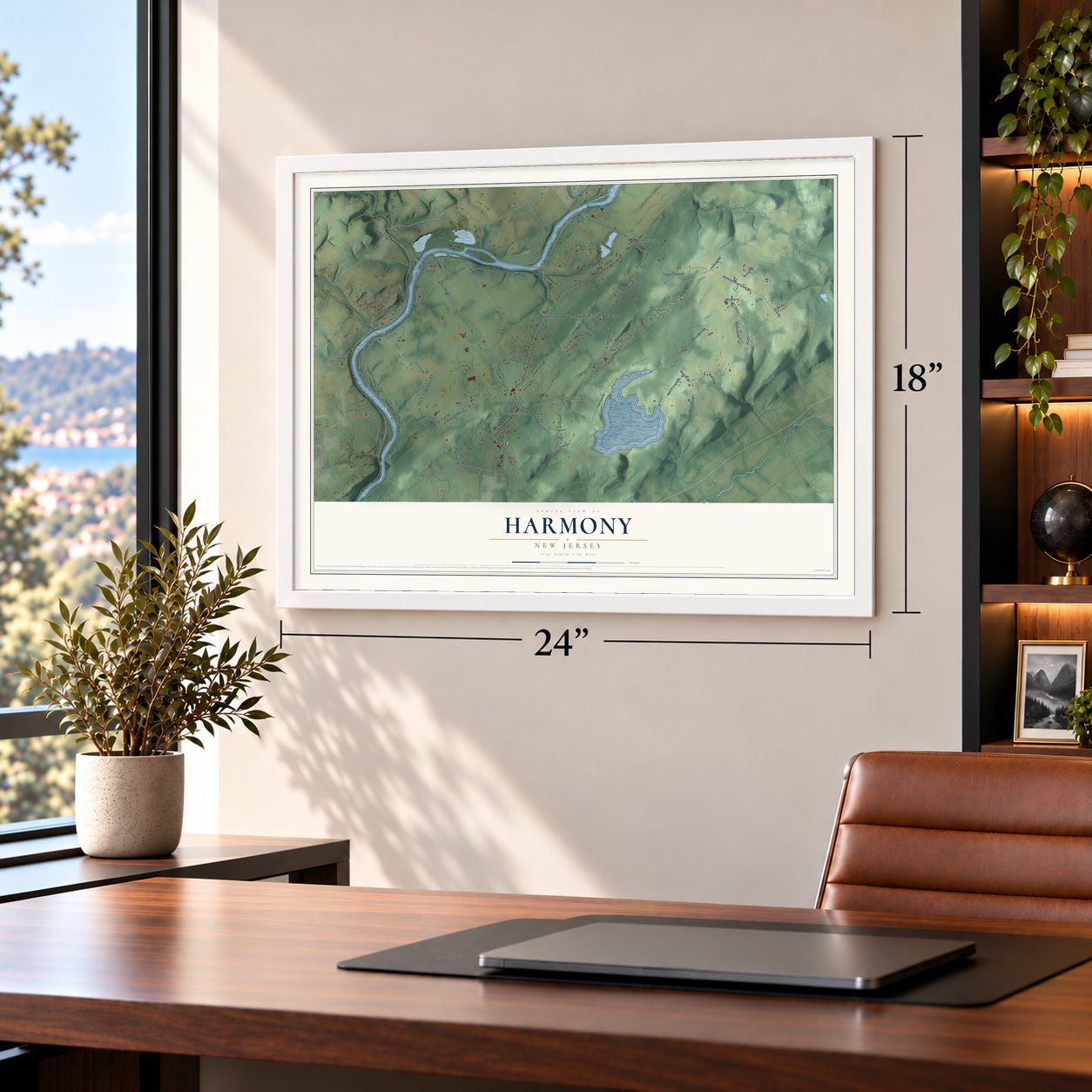 Harmony, New Jersey map, 18 x 24 inch print in a white frame in a home office