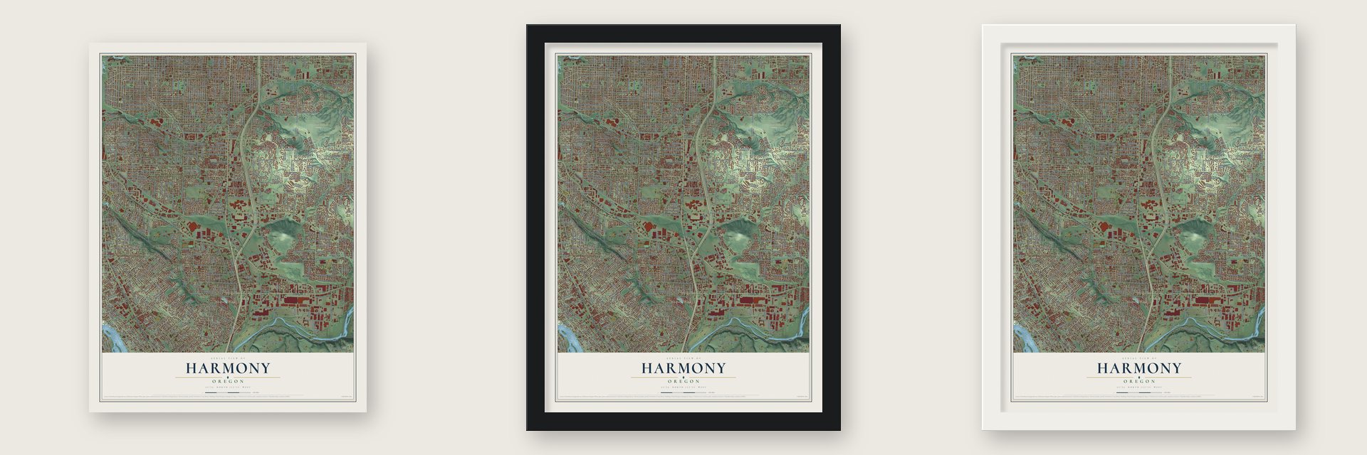 Harmony, Oregon map unframed, in a black wood frame and in a white wood frame