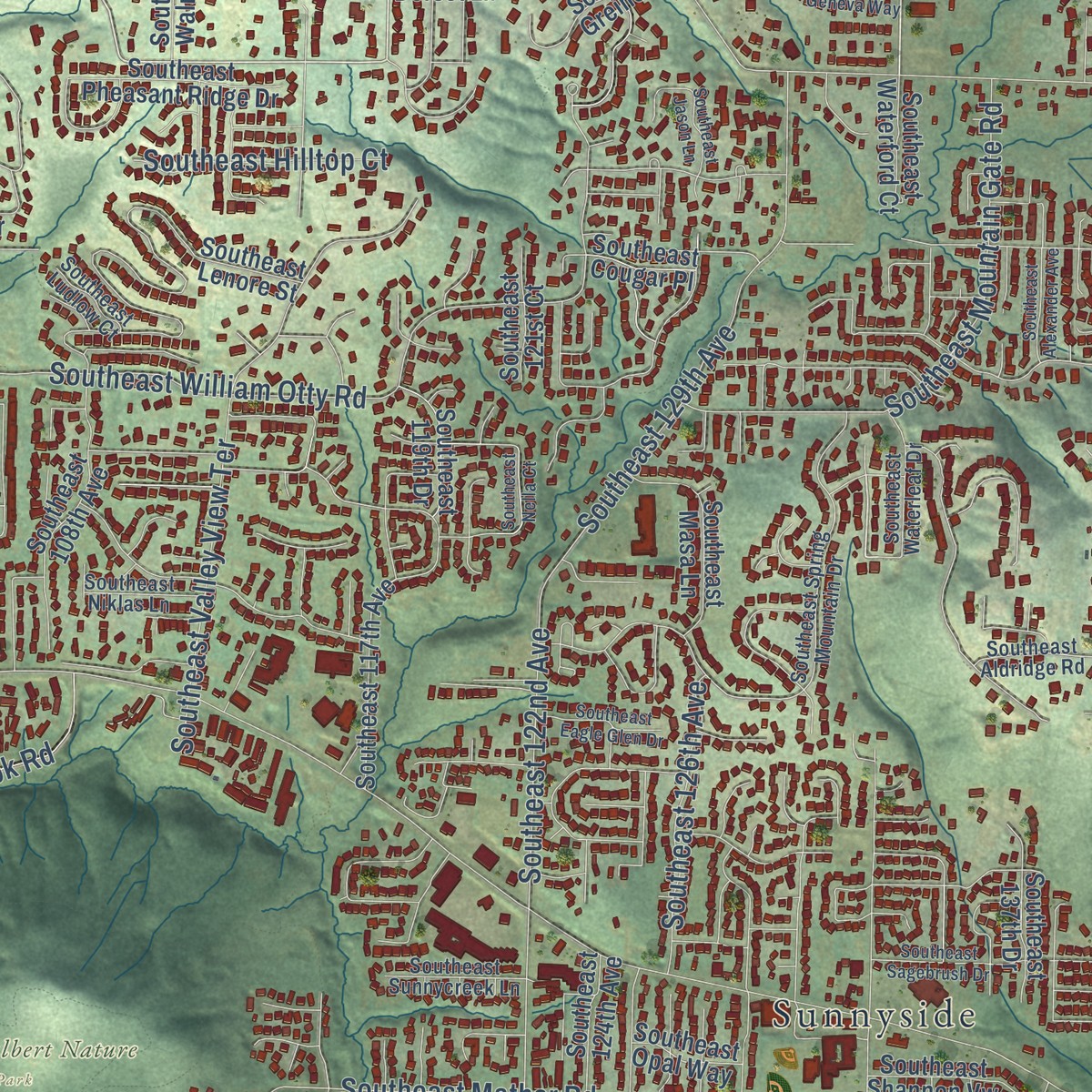 Second close-up of the map of Harmony, Oregon print showing more streets and buildings