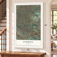 Harmony, Oregon map, 24 x 36 inch print in a white frame by a staircase