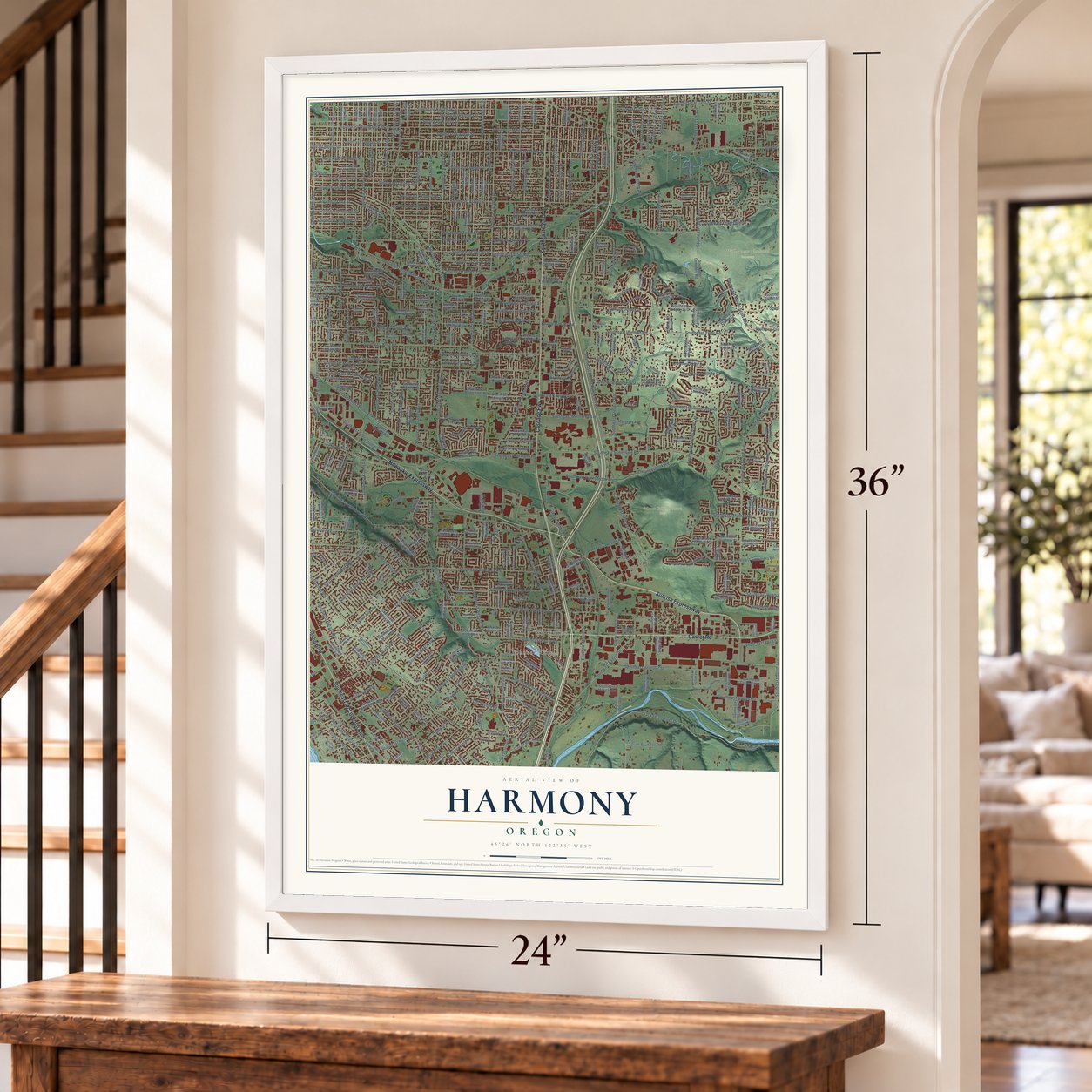 Harmony, Oregon map, 24 x 36 inch print in a white frame by a staircase