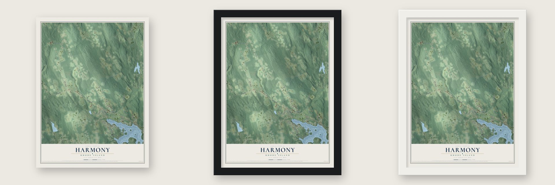 Harmony, Rhode Island map unframed, in a black wood frame and in a white wood frame
